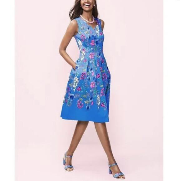 TALBOTS 6P Dress Floral Scalloped Neckline Blue Fit and Flare - Picture 3 of 15